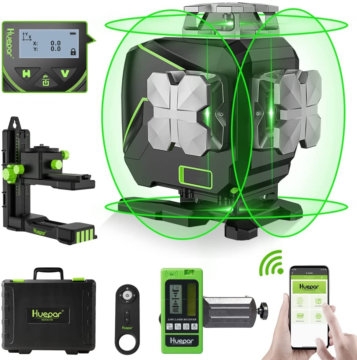 4x360° grüner selbstnivellierender Kreuzlinienlaser mit LCD und Empfänger 16 Linien S04 5RG