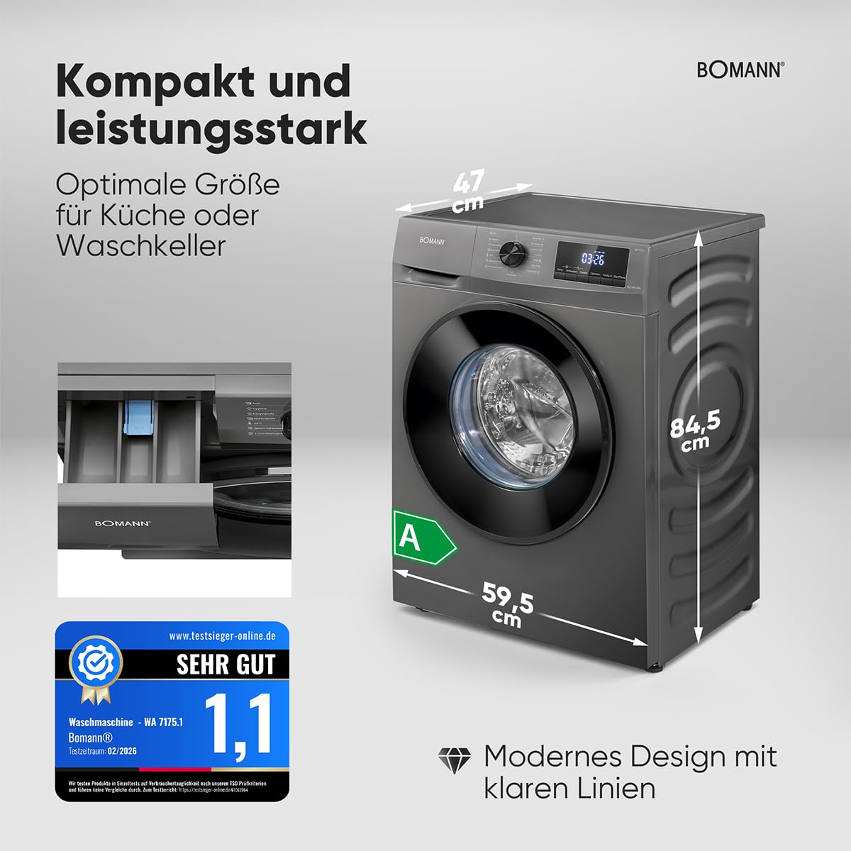 Waschmaschine 7kg WA 7175.1 Invertermotor max. 1400 U/min 15 Programme Energieklasse A 10 Jahre Motorgarantie