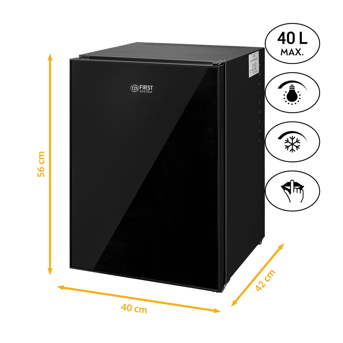 Mini Kühlschrank 40L lautlos, Glasfront, wechselbarer Türanschlag, Innenbeleuchtung, für Camping, Büro, Hotel