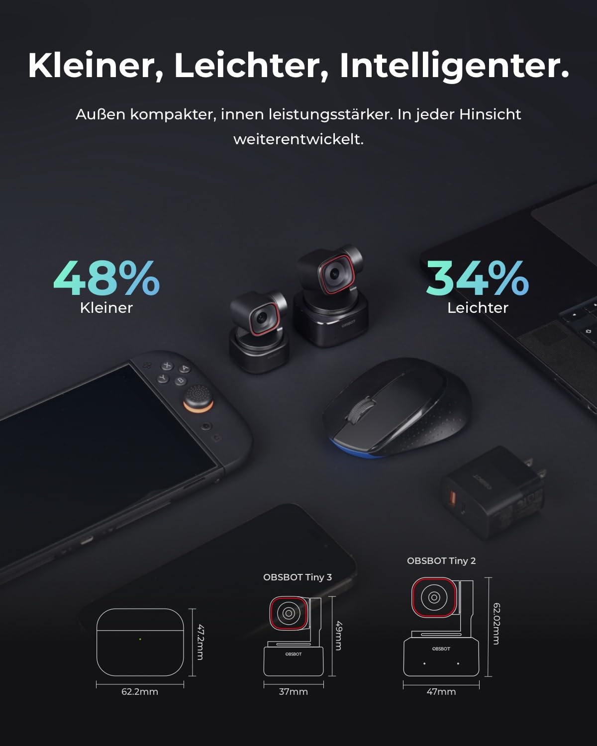 Tiny 3 AI Powered 4K Webcam mit AI Tracking und Spatial Audio als PTZ Kamera für Videoanrufe und Livestreams