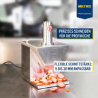 Currywurstschneider GWS1000, Edelstahl, Schnittstärke 5 bis 30 mm, 2 Sichelklingen, 135 W, Sicherheit
