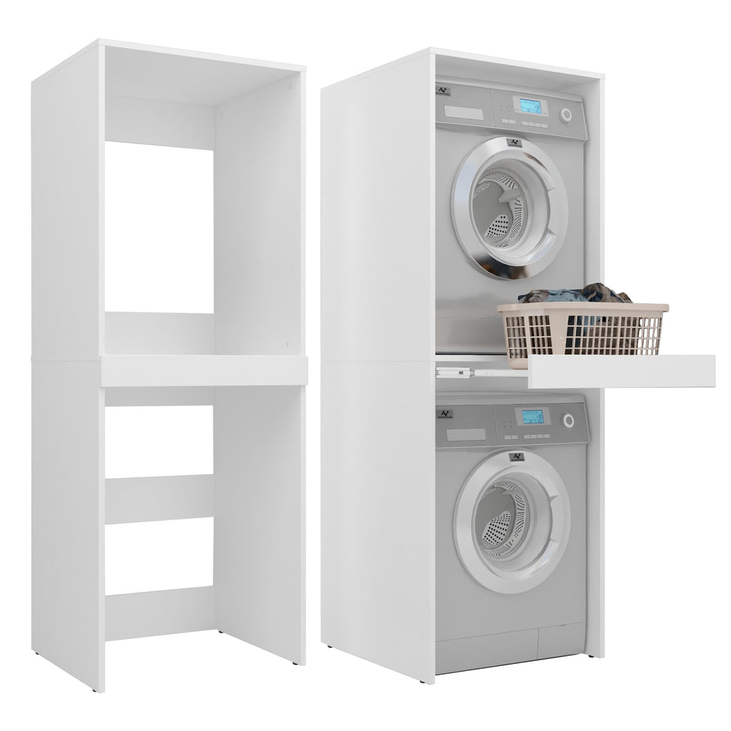 Waschmaschinenschrank für Waschmaschine und Trockner 183,7x65x66cm, ausziehbarer Regalboden, weiß, 18mm Platte