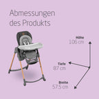 Minla Hochstuhl bis 60 kg 9 Höhen 5 Neigungen 4 Tablettpositionen faltbar Graphite