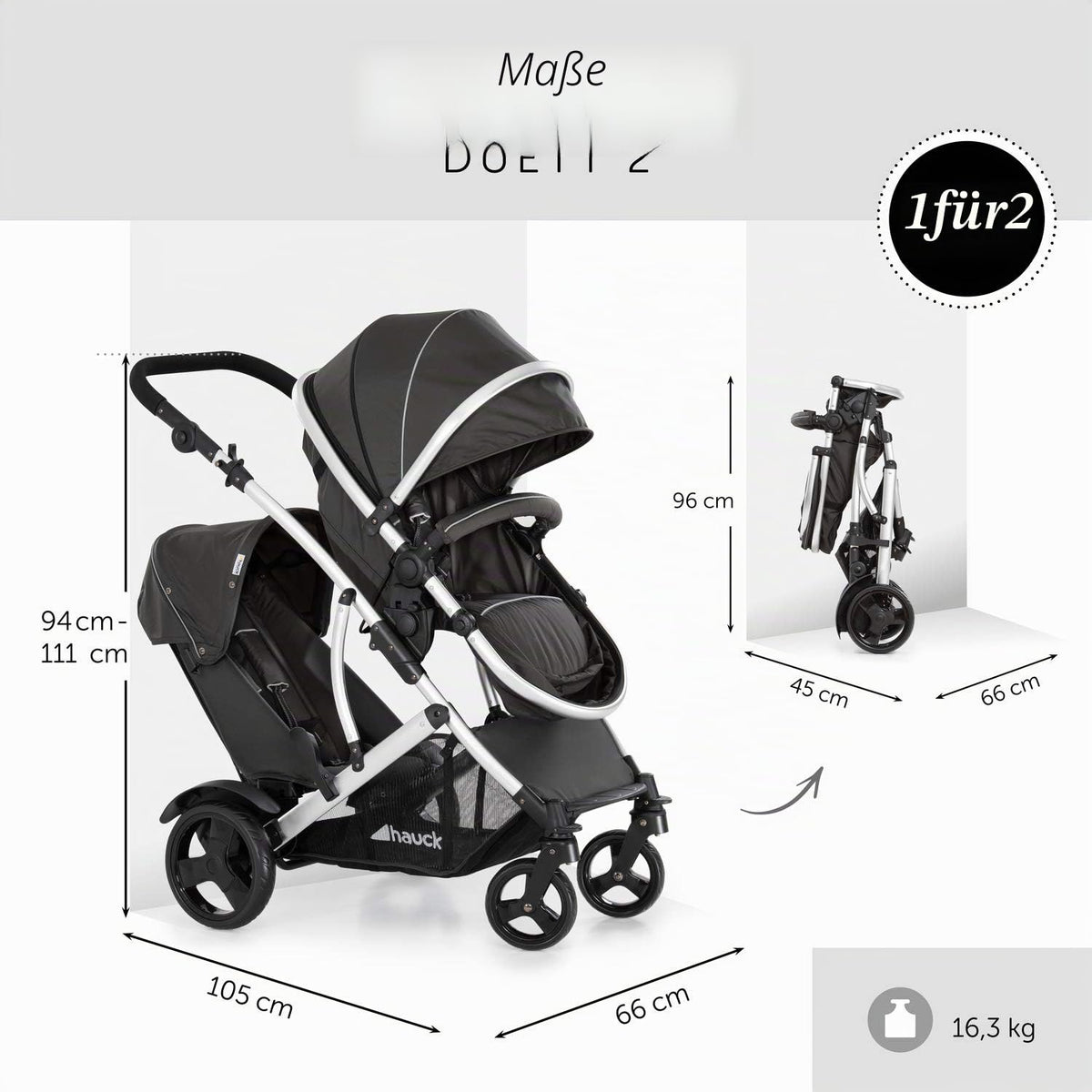 Duett 2 Geschwisterwagen Regenschutz Hauptsitz als Babywanne ab Geburt 15 kg Zweitsitz abnehmbar Black Forest