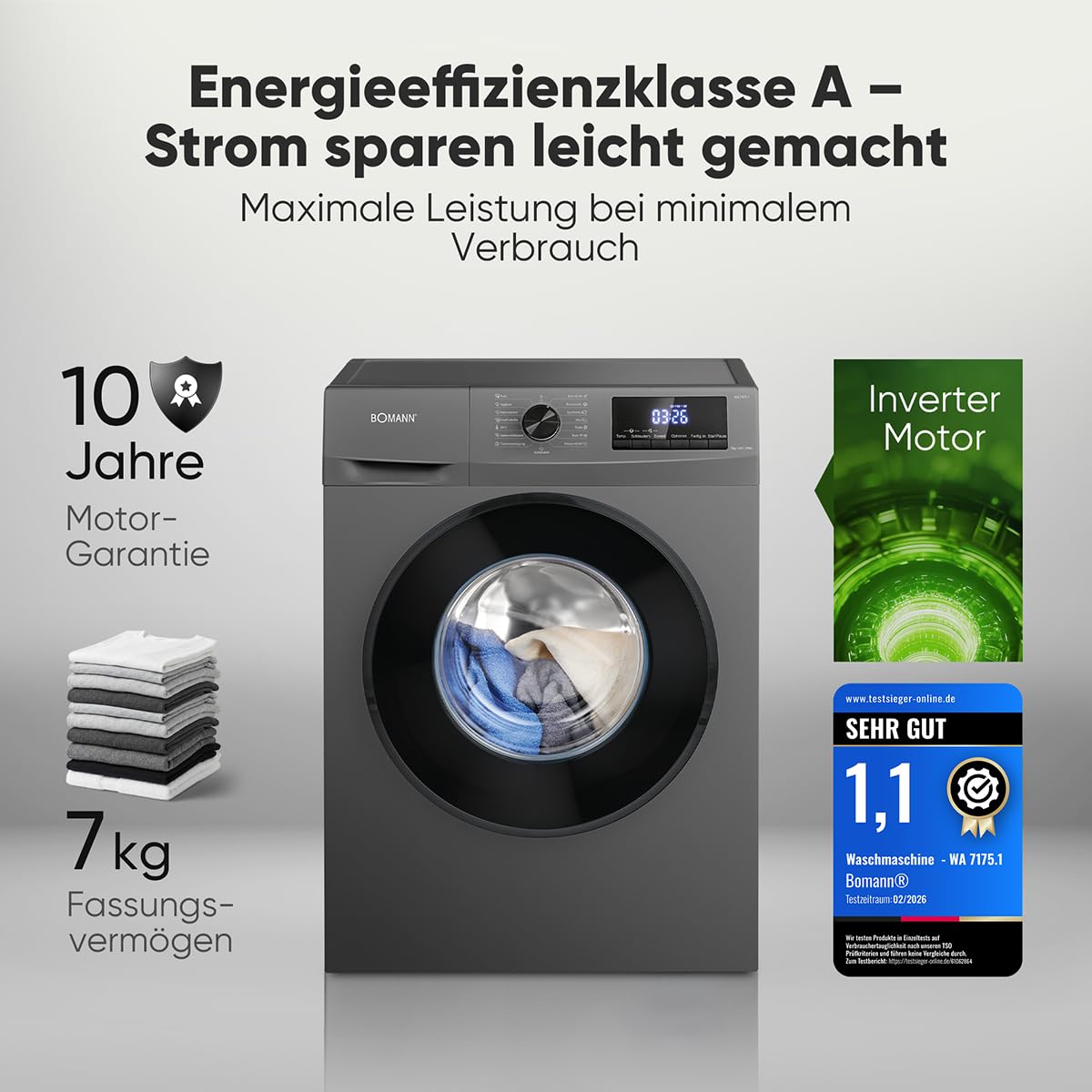 Waschmaschine 7kg WA 7175.1 Invertermotor max. 1400 U/min 15 Programme Energieklasse A 10 Jahre Motorgarantie
