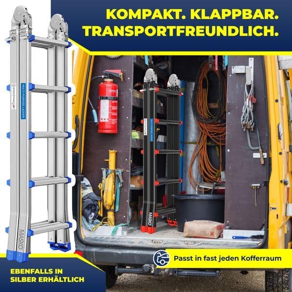 Alu 6in1 Mehrzweckleiter 20 Sprossen 520 cm 150 kg ausziehbar rutschfest Gelenkleiter Anlegeleiter Schwarz