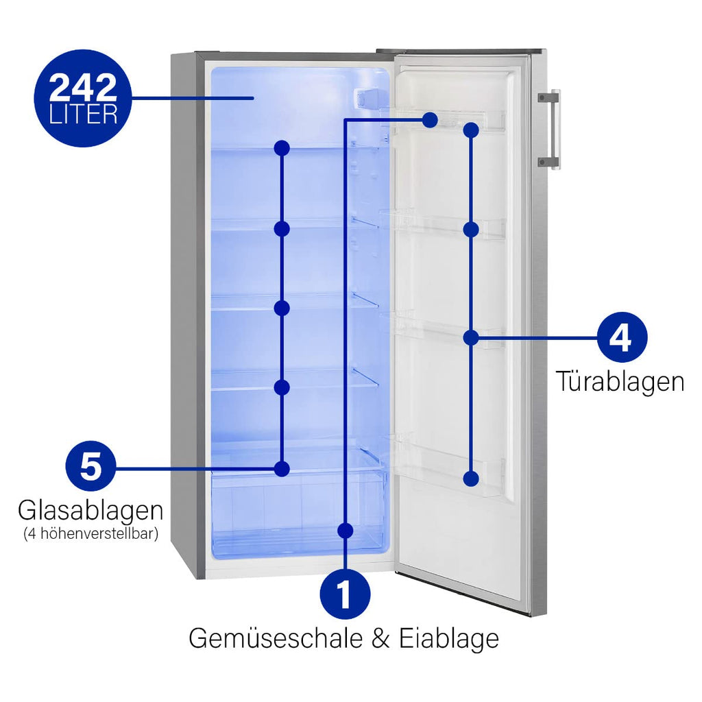 Getränkekühlschrank ohne Gefrierfach 242L Energieklasse E 143cm 5 Ablagen 0°C bis 8°C leise 40dB VS 7316.1