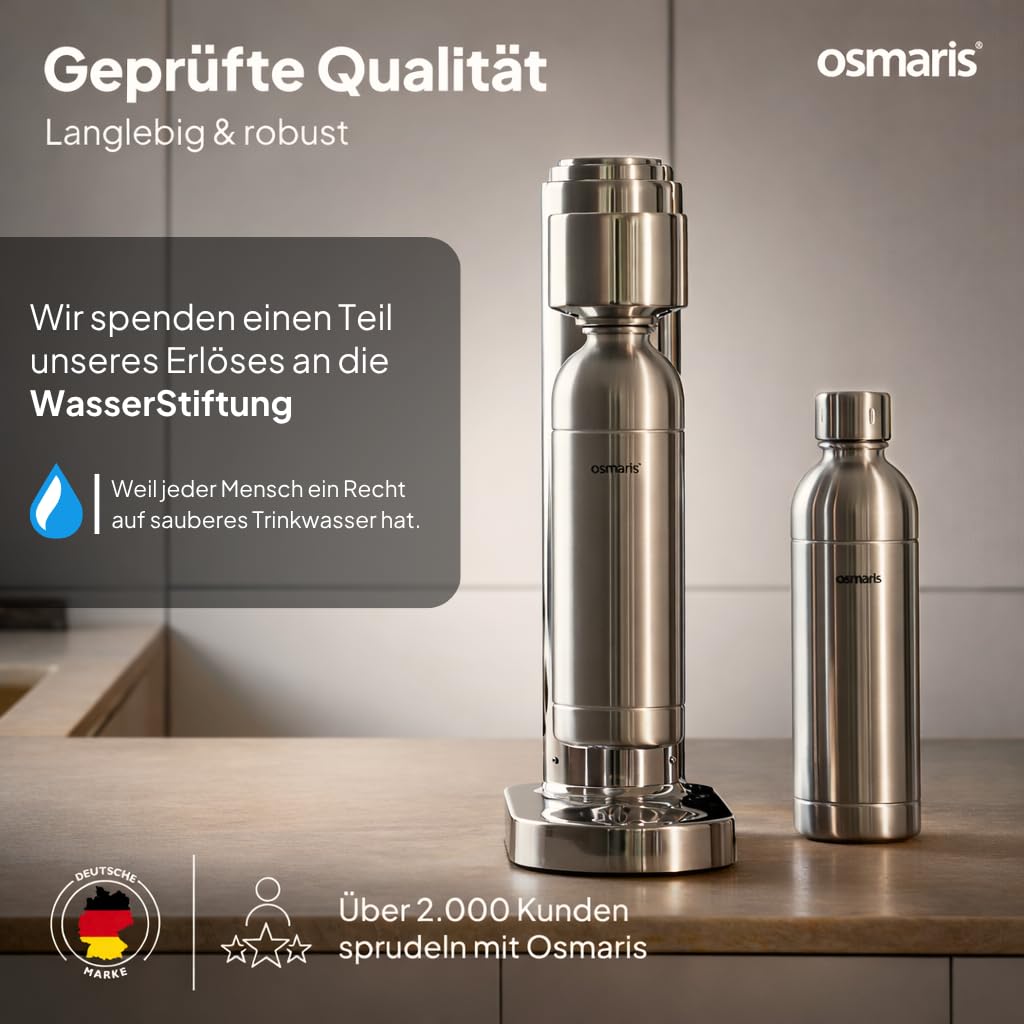 Wassersprudler aus Edelstahl, 2x 1,1 L Edelstahlflaschen, geschmacksneutral, 100% dicht, mit Druckablassventil