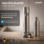 Wassersprudler aus Edelstahl, 2x 1,1 L Edelstahlflaschen, geschmacksneutral, 100% dicht, mit Druckablassventil