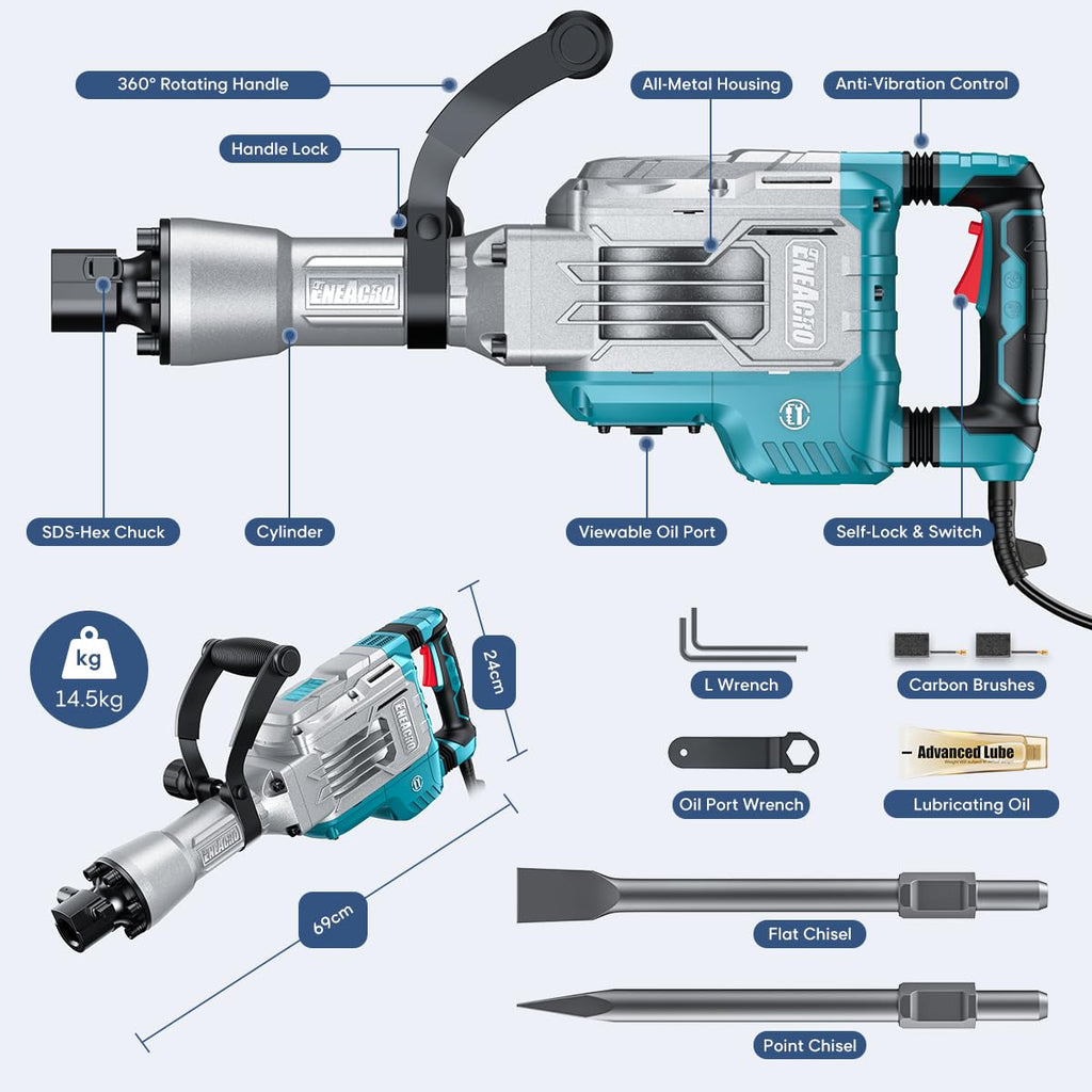 Abbruchhammer 1700W SDS Hex Stemmhammer 65 J Betonbrecher Antivibrationsgriff 2 Meißel Transportbox mit Rollen