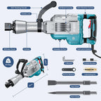 Abbruchhammer 1700W SDS Hex Stemmhammer 65 J Betonbrecher Antivibrationsgriff 2 Meißel Transportbox mit Rollen