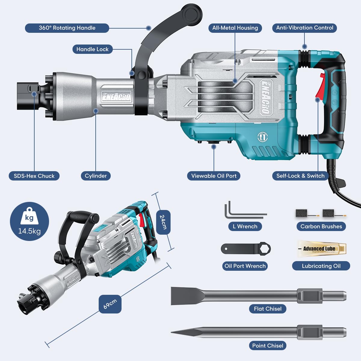 Abbruchhammer 1700W SDS Hex Stemmhammer 65 J Betonbrecher Antivibrationsgriff 2 Meißel Transportbox mit Rollen