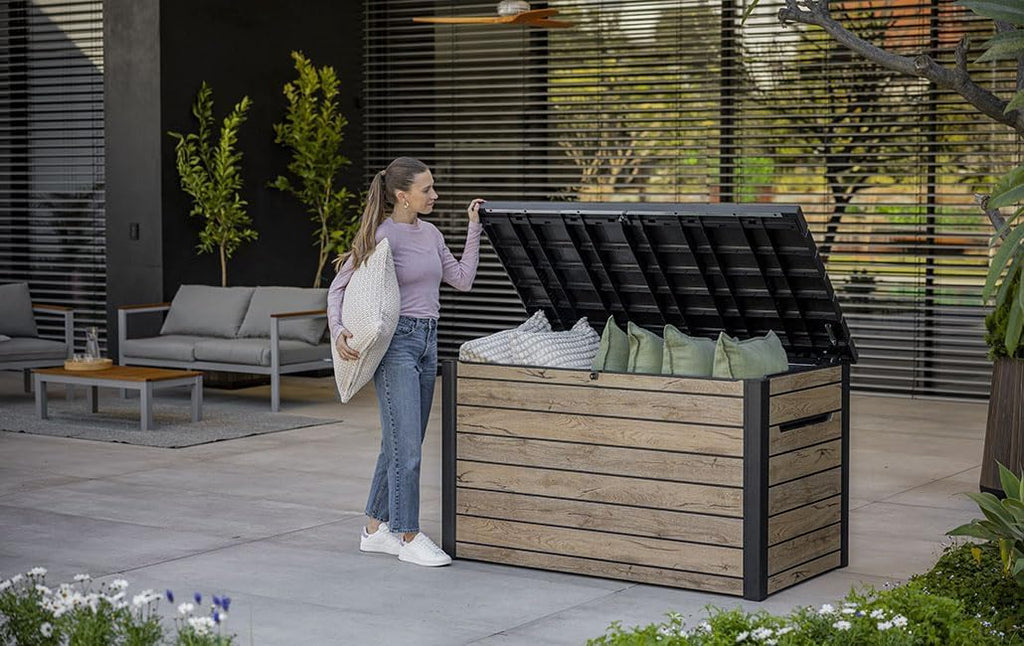 Gartenbox Ontario 870L 147x83x86 cm Kunststoff in Holzoptik Deckel mit Gasdruckfedern abschließbar