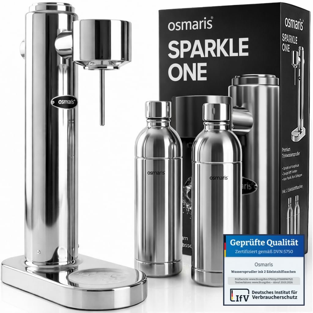 Wassersprudler aus Edelstahl, 2x 1,1 L Edelstahlflaschen, geschmacksneutral, 100% dicht, mit Druckablassventil