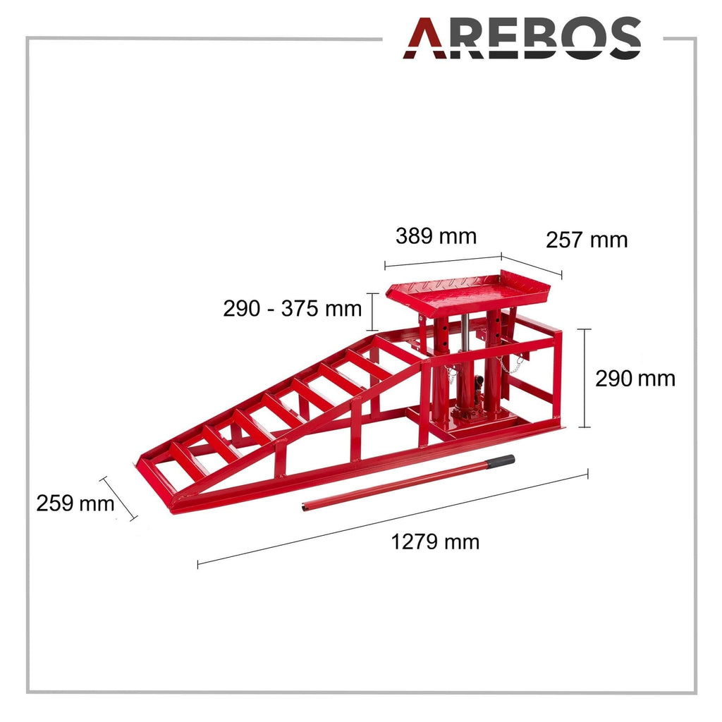 2X Auffahrrampe mit hydraulischem Wagenheber höhenverstellbar 2 Tonnen für Auto und Werkstatt