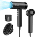 Ionen Föhn mit 110.000 U/min Motor, 200 Mio. Ionen, leicht, leise, 2 Magnetdüsen und Diffusor, Tiefschwarz