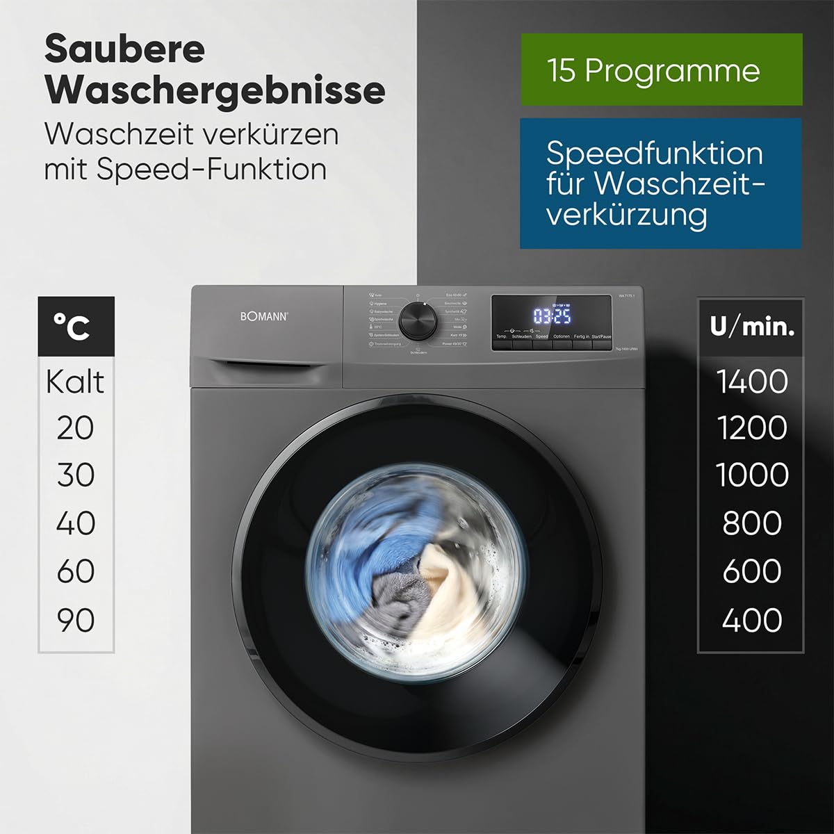 Waschmaschine 7kg WA 7175.1 Invertermotor max. 1400 U/min 15 Programme Energieklasse A 10 Jahre Motorgarantie