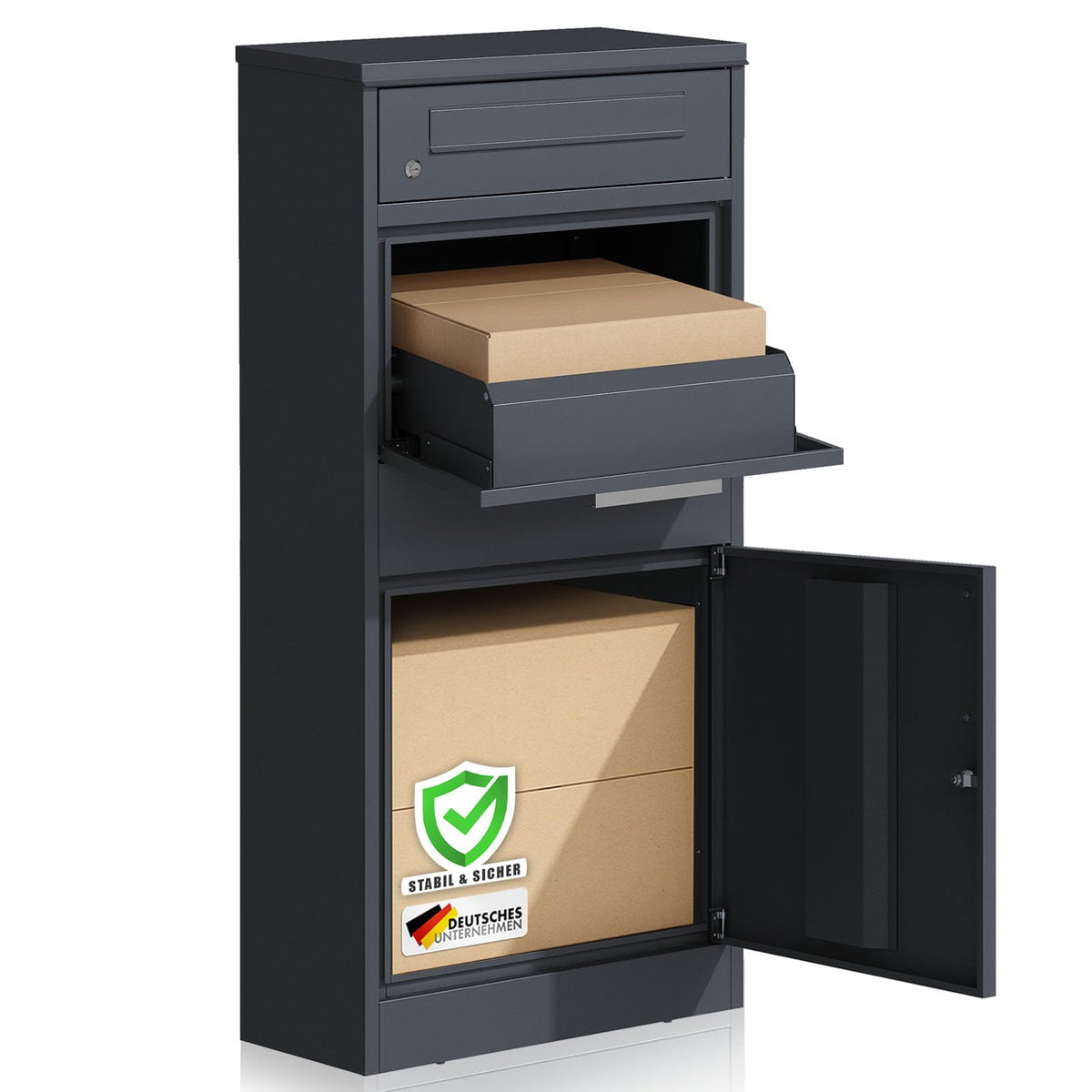 Paketbriefkasten XXL Standbriefkasten mit Paketbox und Zylinderschloss modern rostfrei massiv Postbox Francois