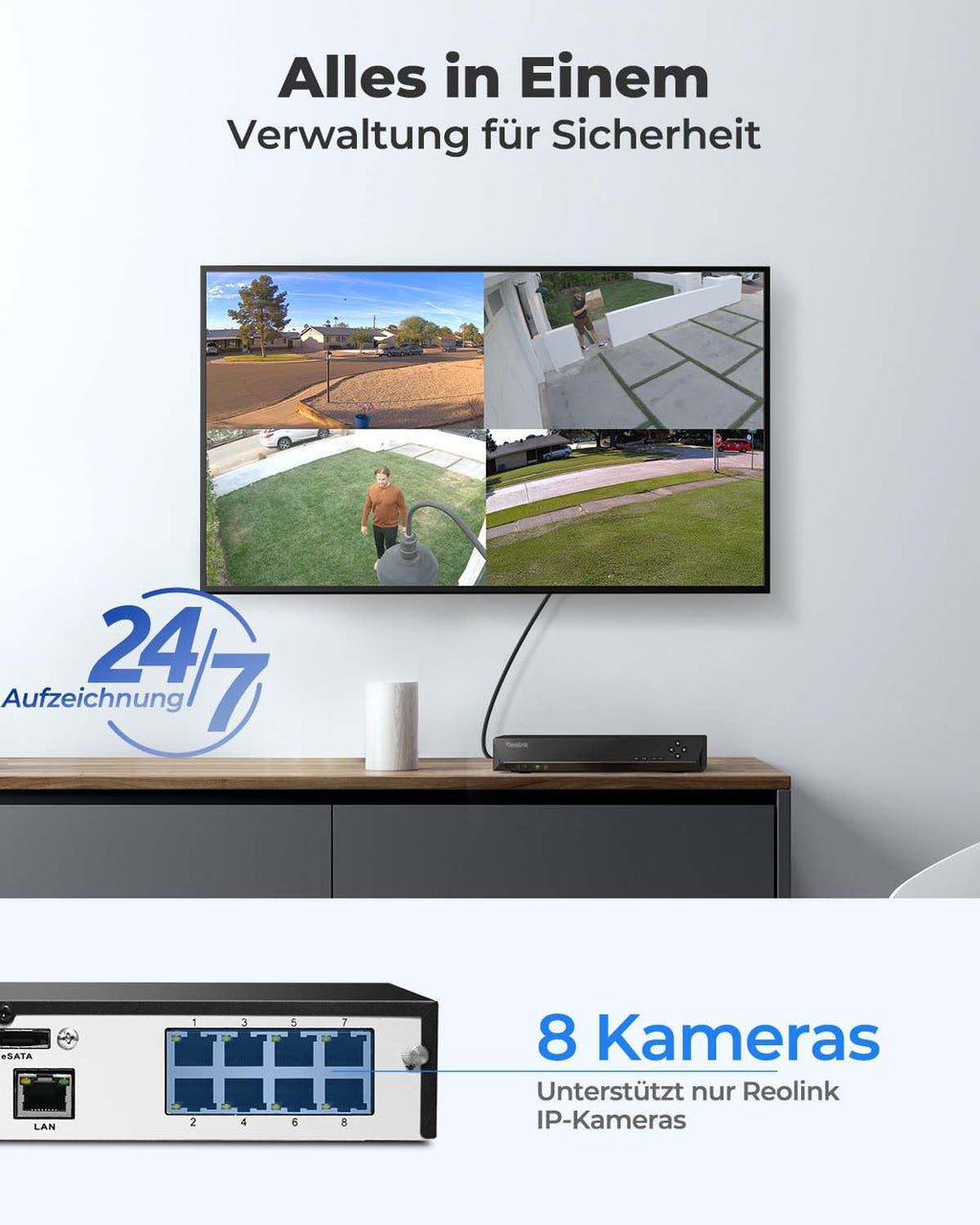 8CH PoE NVR Videoüberwachungssystem Rekorder mit 2TB Festplatte für IP Kameras Modell RLN8 410