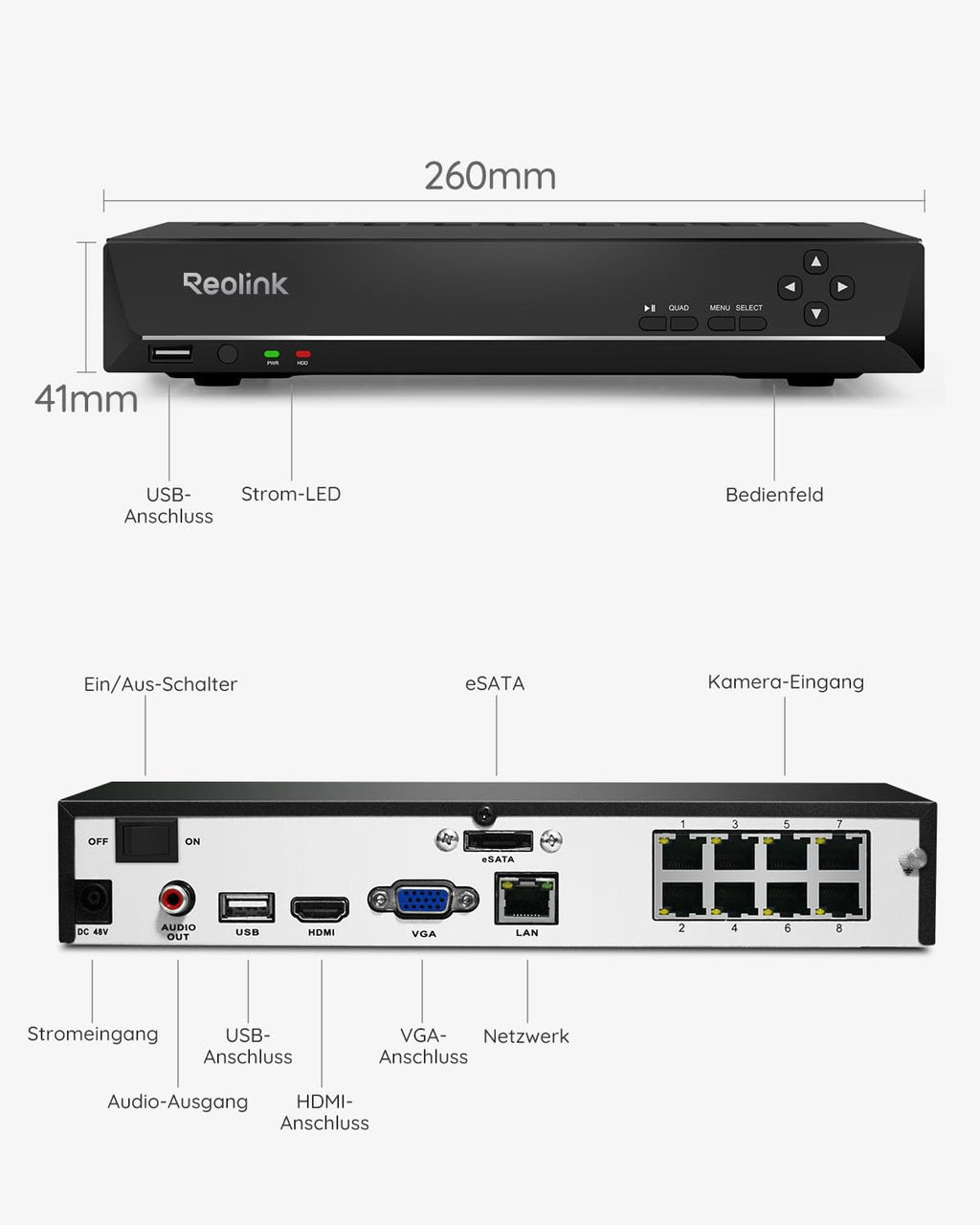 8CH PoE NVR Videoüberwachungssystem Rekorder mit 2TB Festplatte für IP Kameras Modell RLN8 410