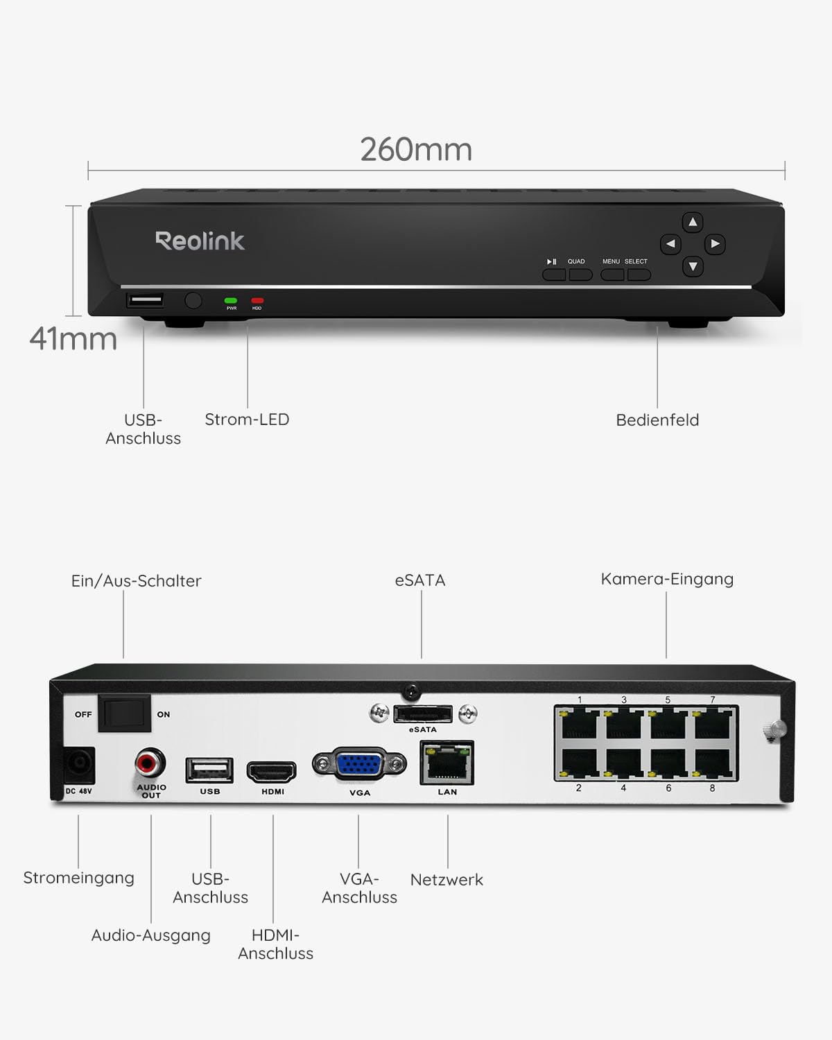 8CH PoE NVR Videoüberwachungssystem Rekorder mit 2TB Festplatte für IP Kameras Modell RLN8 410