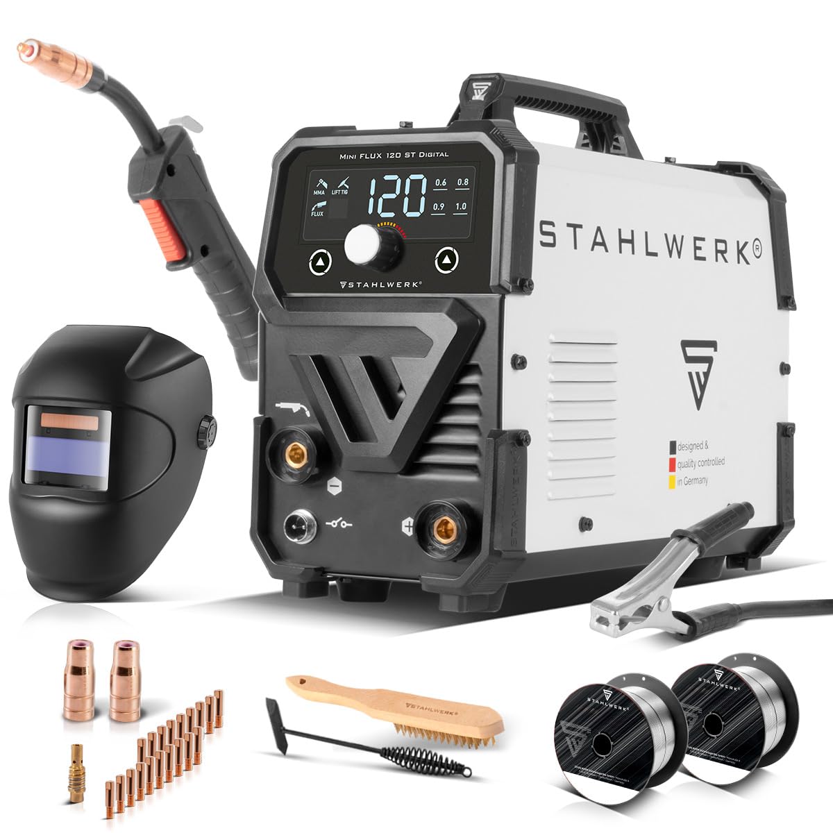 Mini FLUX 120 ST Digital Inverter Schweißgerät für gaslosen Fülldraht Vollausstattung bis 120 A