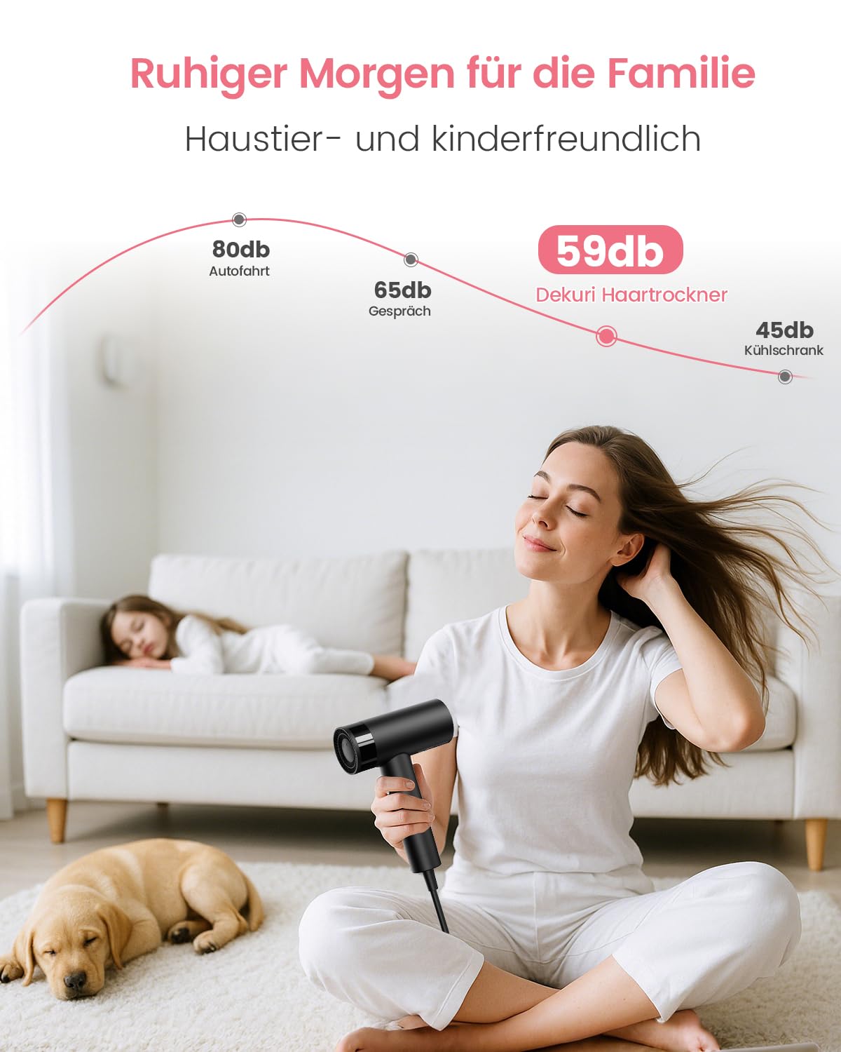 Ionen Föhn mit 110.000 U/min Motor, 200 Mio. Ionen, leicht, leise, 2 Magnetdüsen und Diffusor, Tiefschwarz
