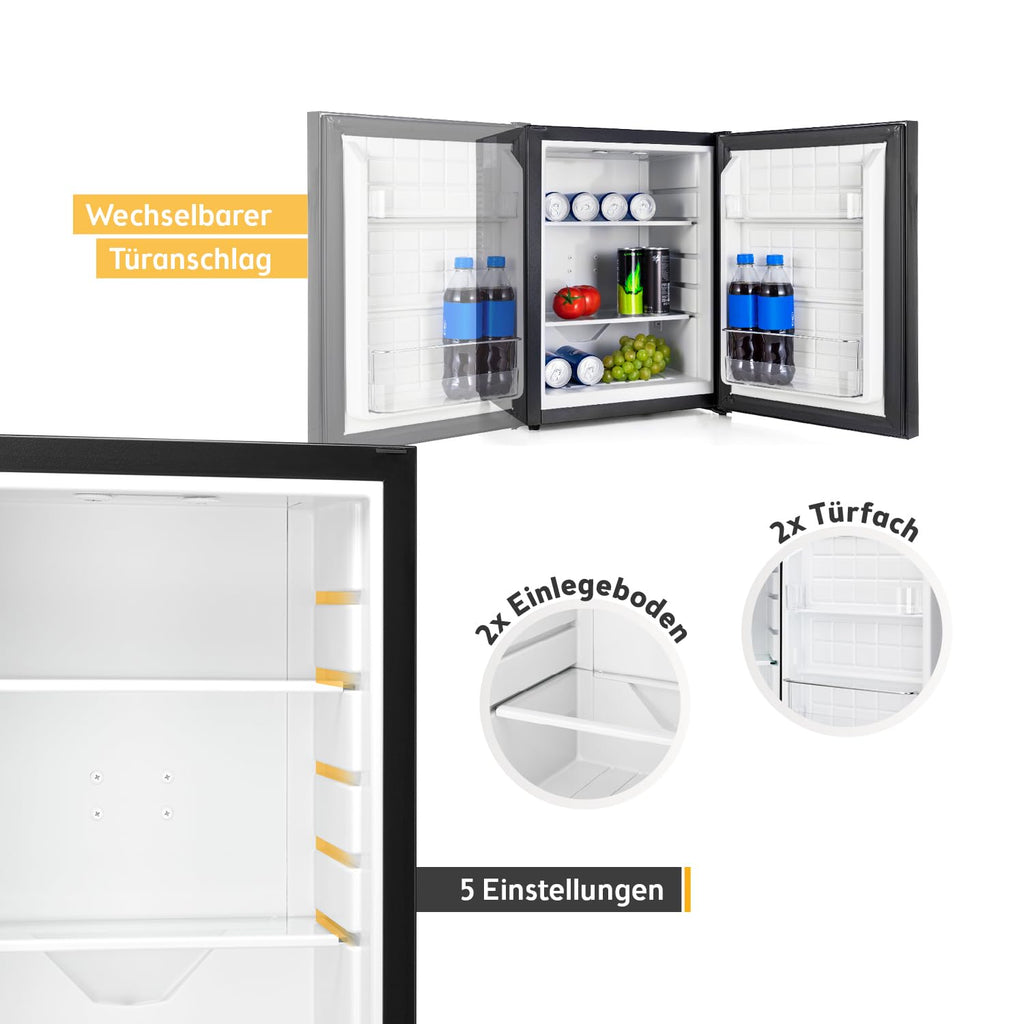 Mini Kühlschrank 40L lautlos, Glasfront, wechselbarer Türanschlag, Innenbeleuchtung, für Camping, Büro, Hotel