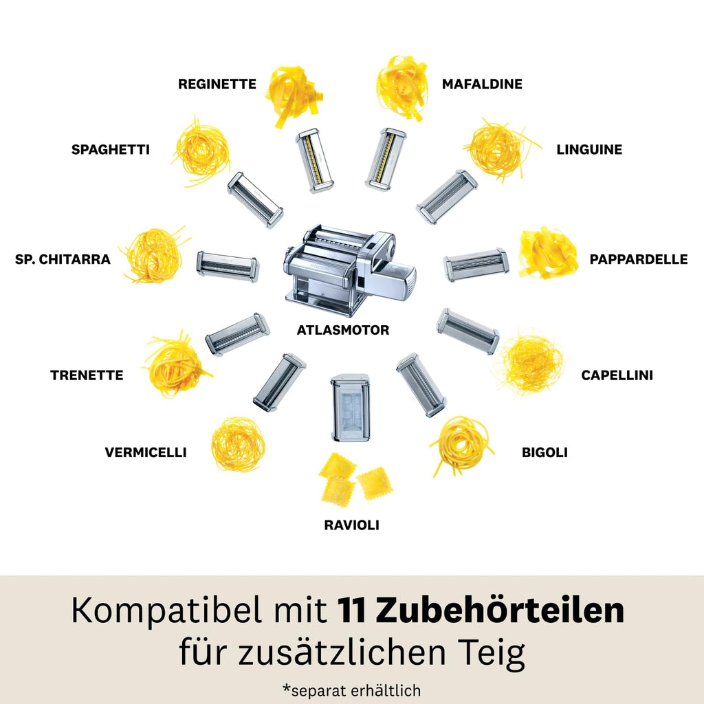 Elektrische Nudelmaschine Atlas 150 mit Atlasmotor für Pasta Lasagne Fettuccine Tagliolini aus Edelstahl