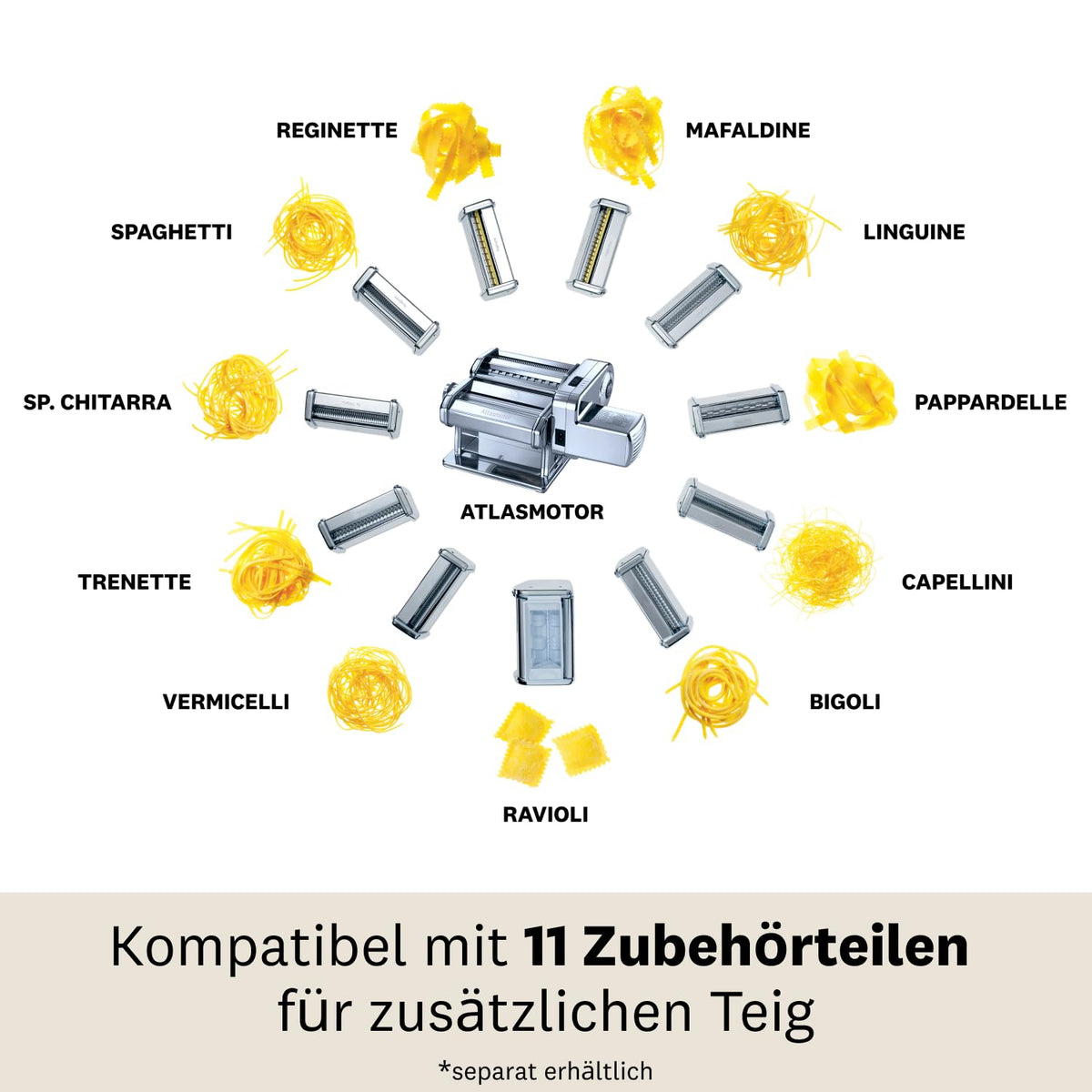 Elektrische Nudelmaschine Atlas 150 mit Atlasmotor für Pasta Lasagne Fettuccine Tagliolini aus Edelstahl