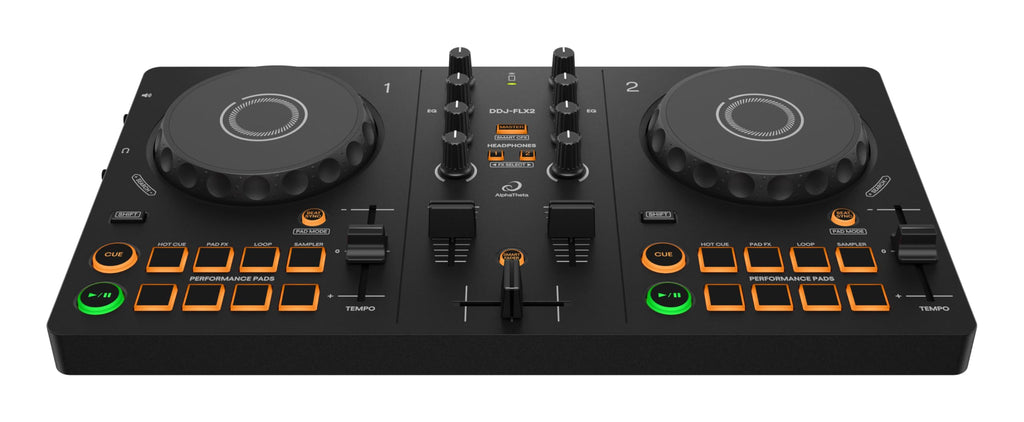 DDJ-FLX2 Einsteiger-DJ-Controller, USB-betrieben, 2-Kanal, tragbar, Streaming-kompatibel, Profi-Layout