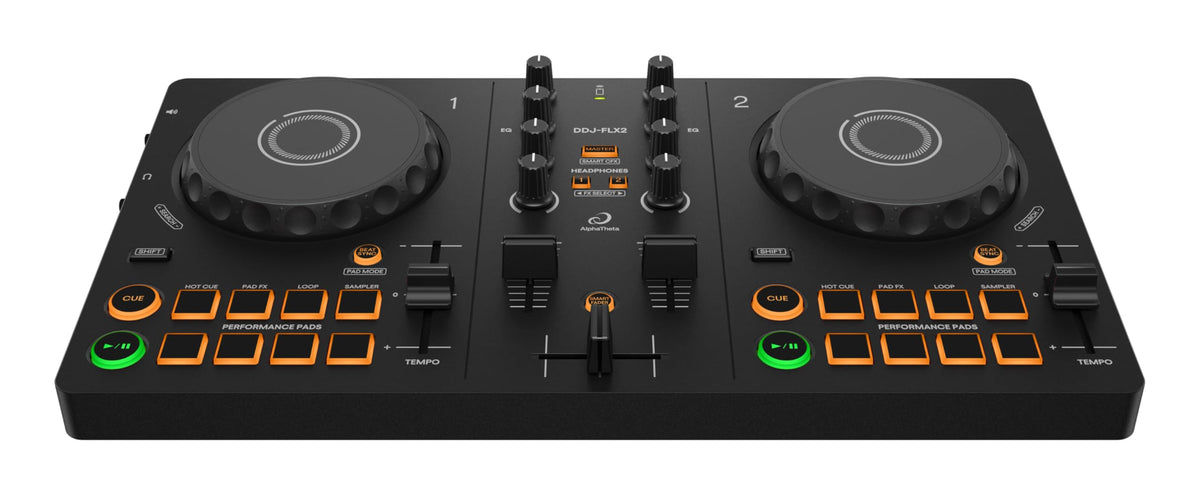 DDJ-FLX2 Einsteiger-DJ-Controller, USB-betrieben, 2-Kanal, tragbar, Streaming-kompatibel, Profi-Layout