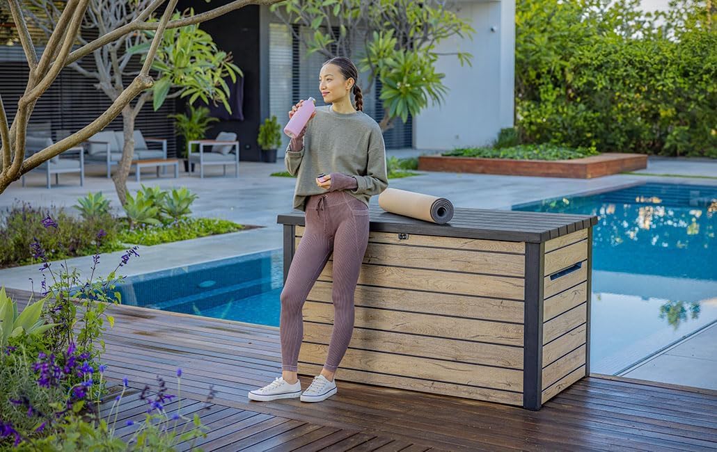 Gartenbox Ontario 870L 147x83x86 cm Kunststoff in Holzoptik Deckel mit Gasdruckfedern abschließbar