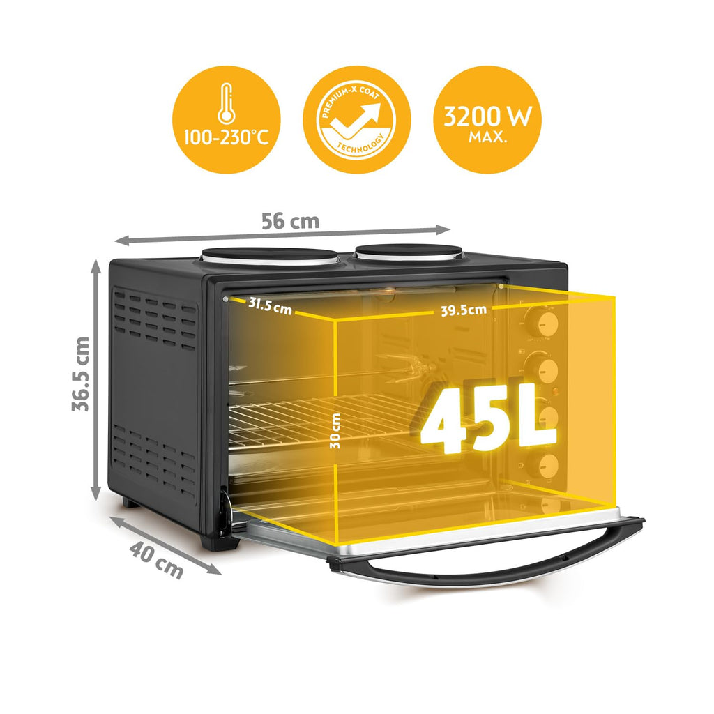 Minibackofen mit Kochplatten 45L 3200W bis 230°C Antihaftbeschichtung 4 Einschubhöhen Zubehör Energieklasse A+