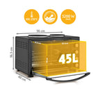 Minibackofen mit Kochplatten 45L 3200W bis 230°C Antihaftbeschichtung 4 Einschubhöhen Zubehör Energieklasse A+