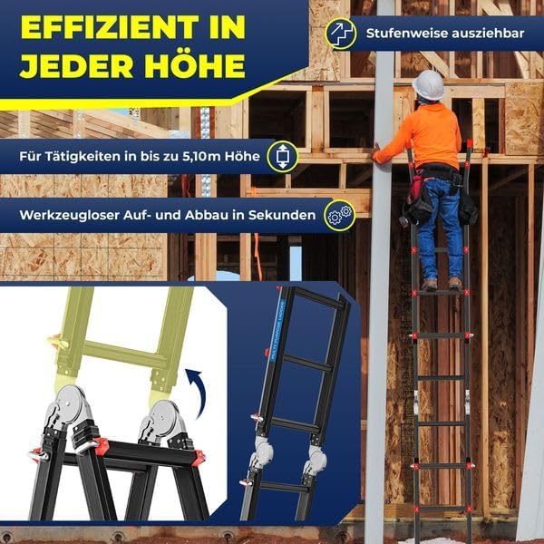 Alu 6in1 Mehrzweckleiter 20 Sprossen 520 cm 150 kg ausziehbar rutschfest Gelenkleiter Anlegeleiter Schwarz