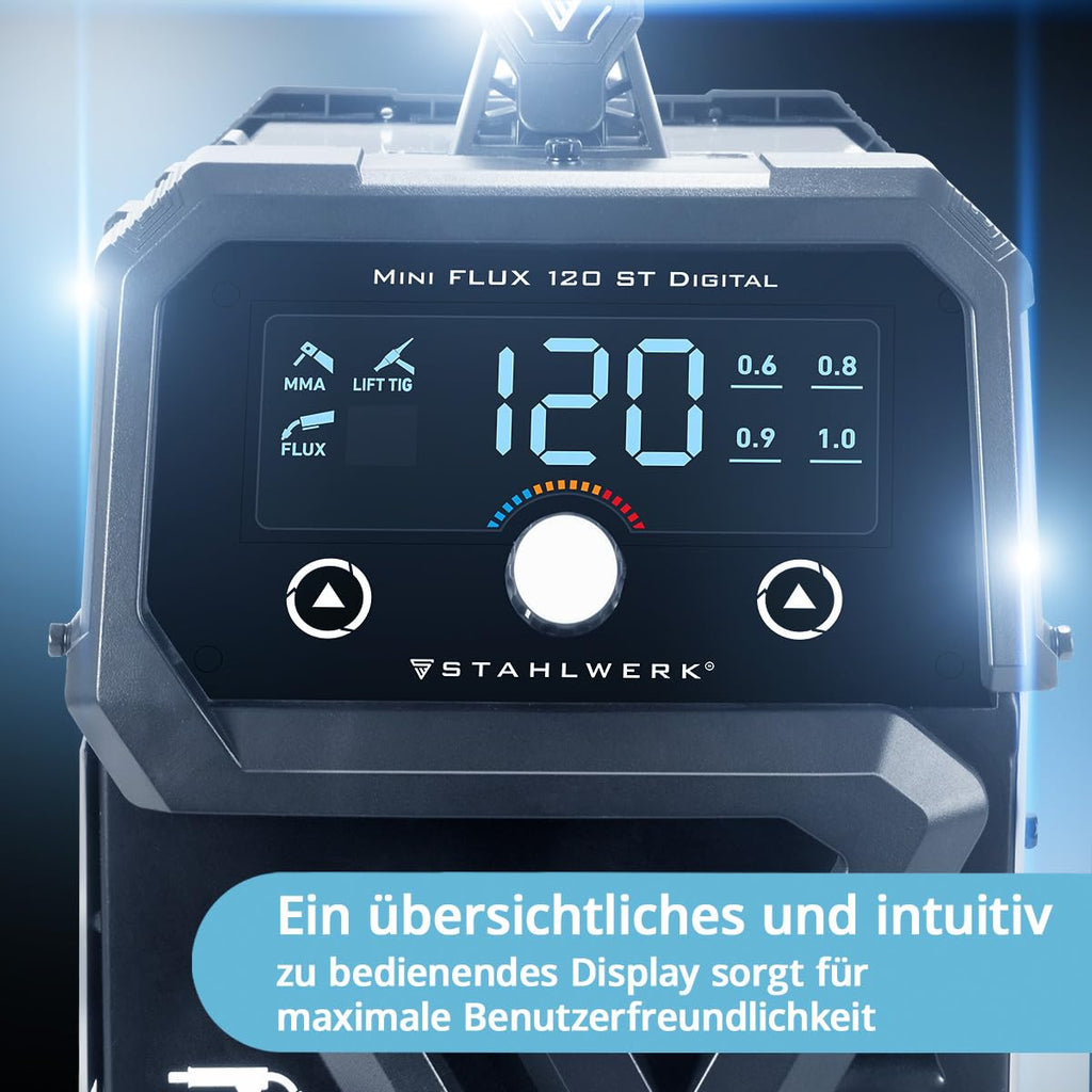 Mini FLUX 120 ST Digital Inverter Schweißgerät für gaslosen Fülldraht Vollausstattung bis 120 A