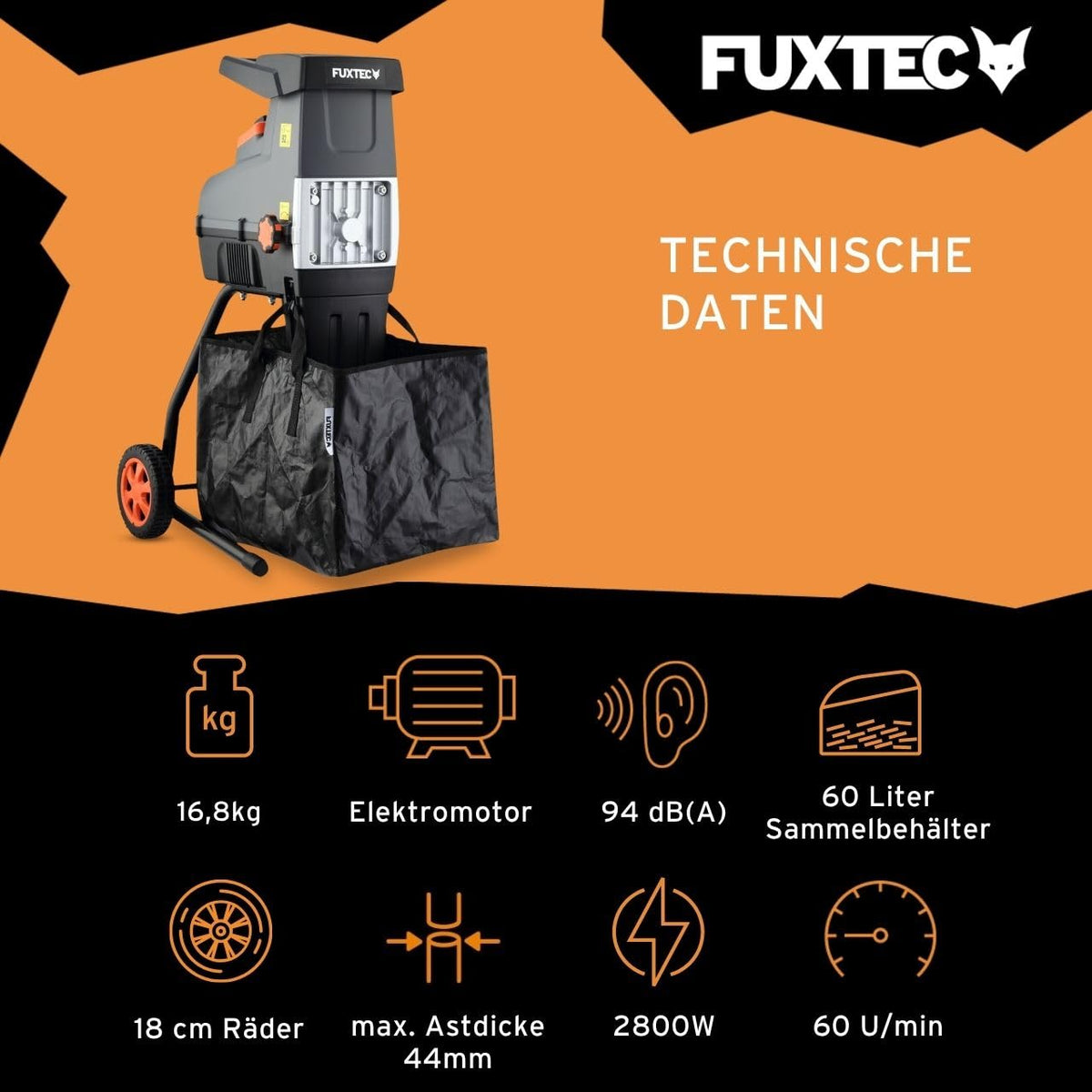 Broyeur de végétaux électrique FX-EGH2800T 2800 W diamètre de coupe de 44 mm pour branches et déchets verts
