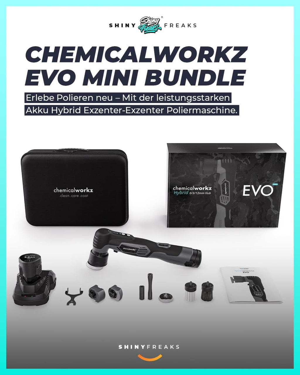 EVO Mini Akku Poliermaschine 25er Set Exzenter und Rotation Akkus Adapter Stützteller Pads Polituren Zubehör