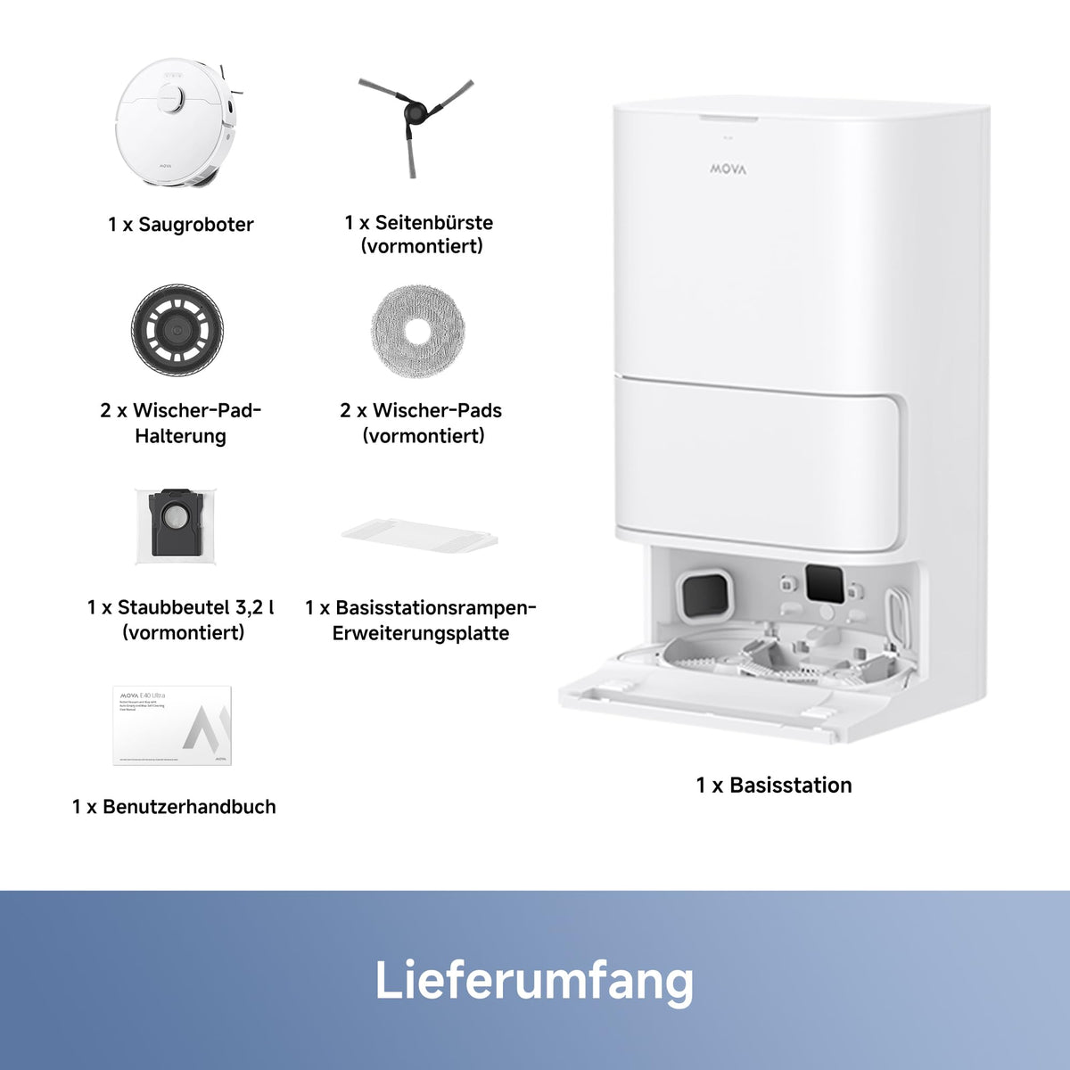 E40 Ultra Saugroboter mit Wischfunktion und selbstreinigender Station sowie ausfahrbarem Mopp