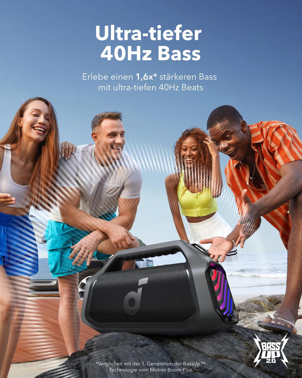Boom 2 Plus Outdoor Lautsprecher mit 140W Leistung und 2+2 Stereoklang für kraftvollen Sound