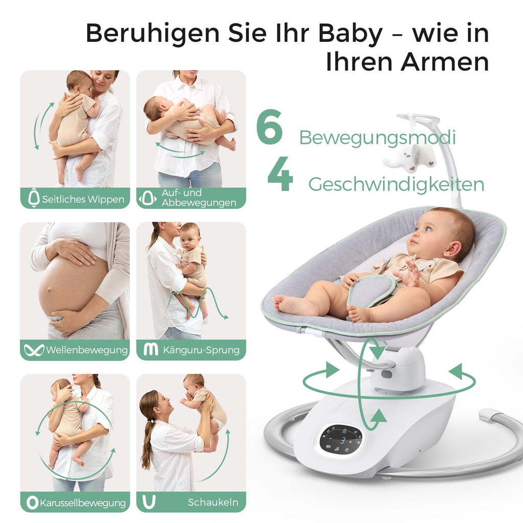 CocoSway elektrische Babywippe 3D Motion 6 Bewegungen 4 Stufen Fernbedienung 8 Wiegenlieder