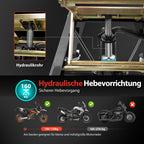 Hydraulischer Motorradheber in Schwarz mit 160 kg Tragkraft und 4 Rollen zum Aufbocken und Transportieren