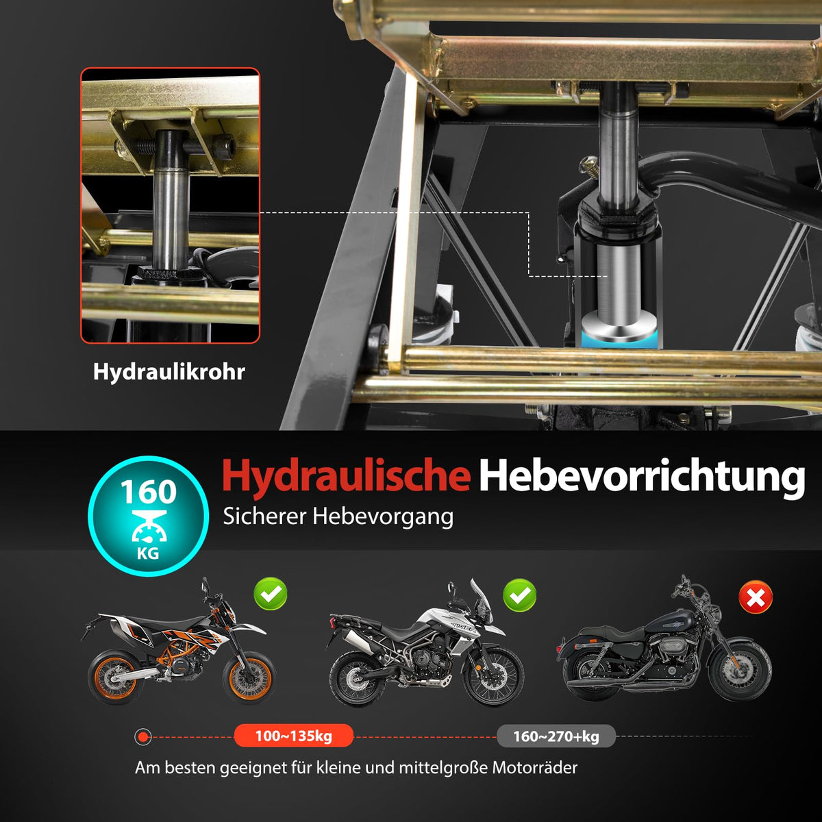 Hydraulischer Motorradheber in Schwarz mit 160 kg Tragkraft und 4 Rollen zum Aufbocken und Transportieren