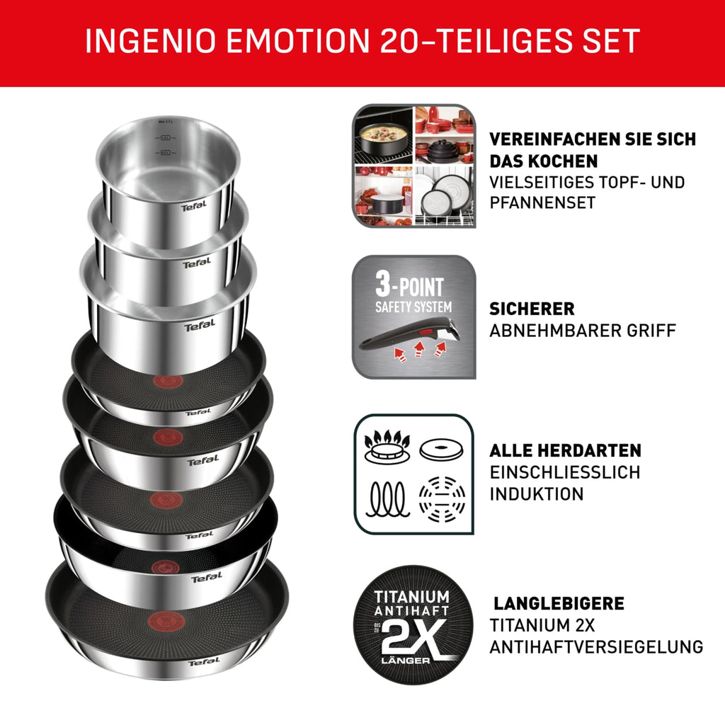 Ingenio Emotion 20 tlg Topf und Pfannenset mit abnehmbarem Griff für alle Herdarten inklusive Induktion