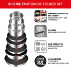 Ingenio Emotion 20 tlg Topf und Pfannenset mit abnehmbarem Griff für alle Herdarten inklusive Induktion