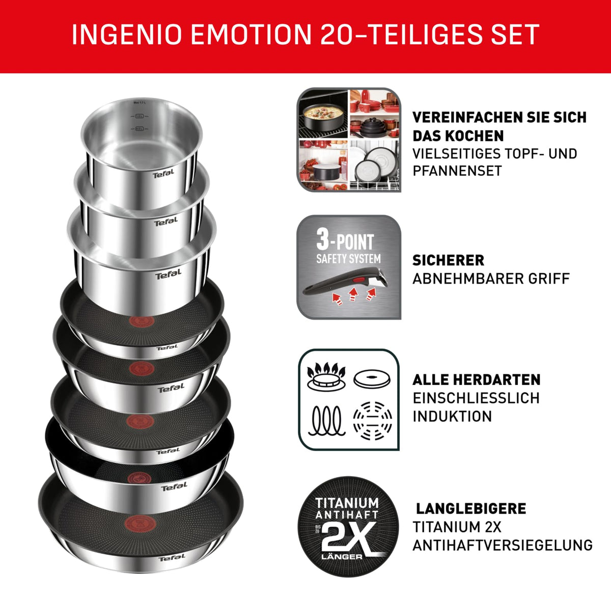 Ingenio Emotion 20 tlg Topf und Pfannenset mit abnehmbarem Griff für alle Herdarten inklusive Induktion