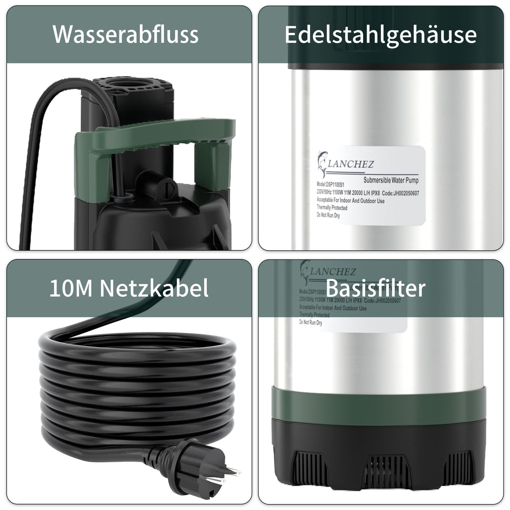 Tauchdruckpumpe 1100W 6300 l/h max. Förderhöhe 47 m für Gartenbewässerung, Wassertank und Kellerentwässerung