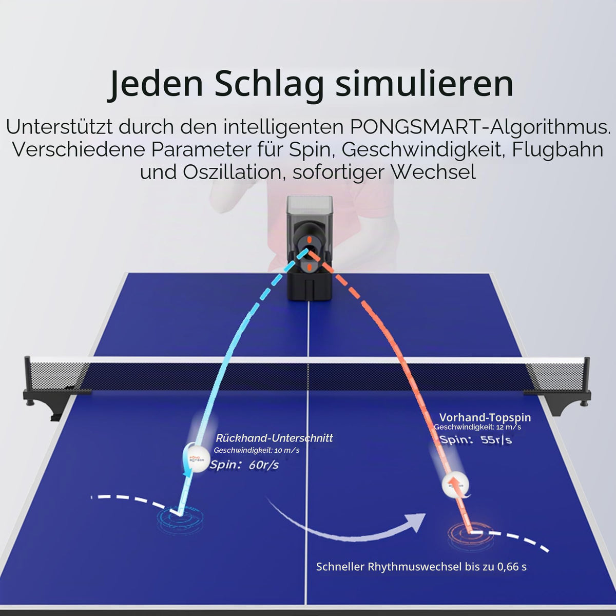 Tischtennisroboter mit App und Fernbedienung, 264 Übungsbohrer variable Geschwindigkeit, Frequenz und Rotation