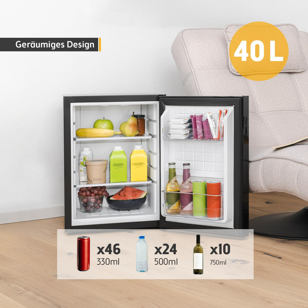 Mini Kühlschrank 40L lautlos, Glasfront, wechselbarer Türanschlag, Innenbeleuchtung, für Camping, Büro, Hotel